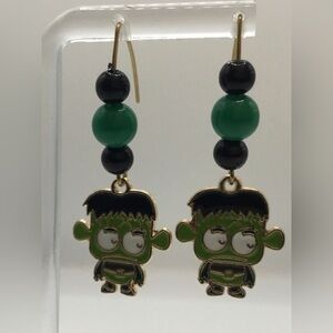 HANDMADE FRANKENSTEIN BLACK GREEN GOLDTONE HOOK PIERCED EARRINGS HALLOWEEN